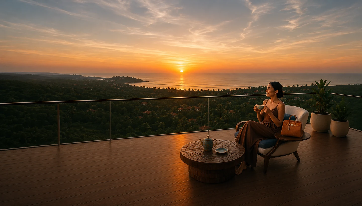 Elaris luxury terrace at sunset